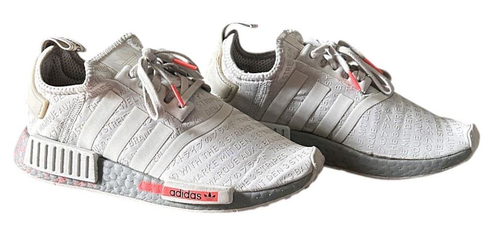 Adidas NMD_R1 J All Over Print Light Grey & Signal Pink Canvas Sneakers 5.5